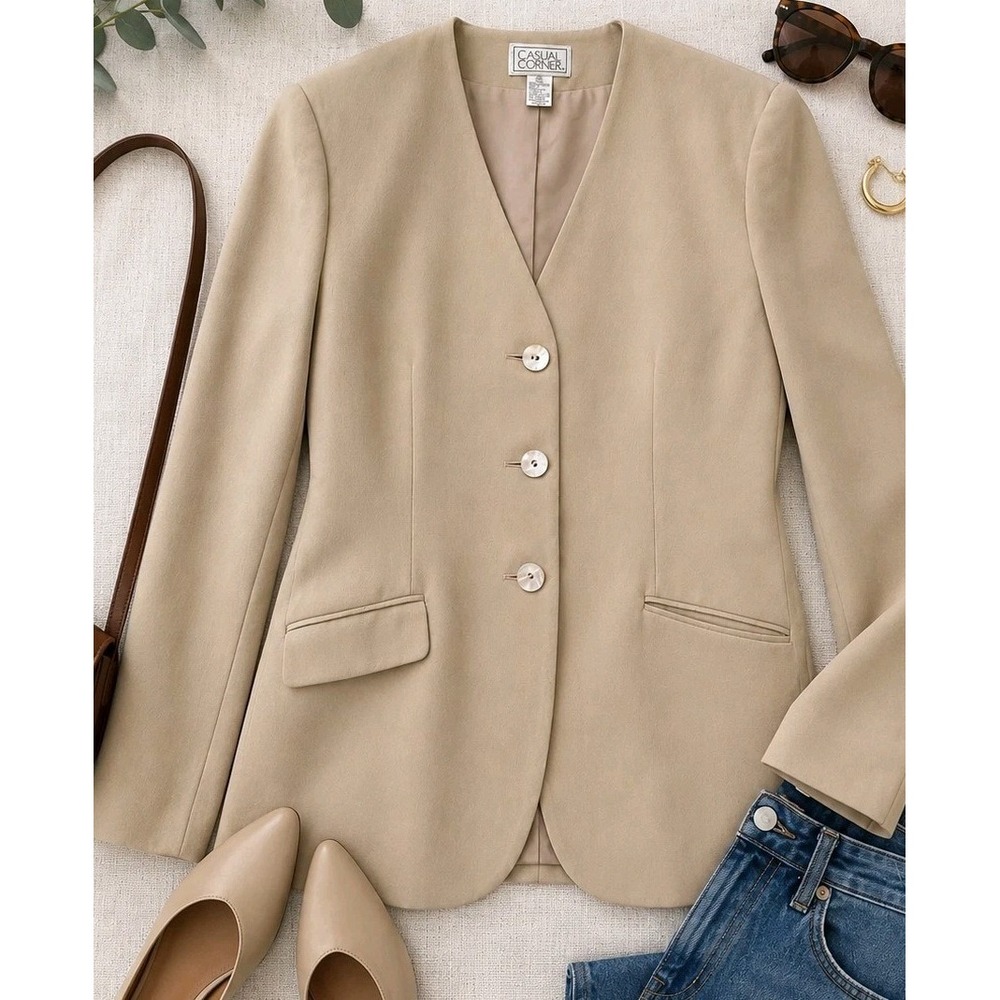 Vintage Casual Corner Blazer Women 10 Silk Wool Beige Minimalist Career Jacket